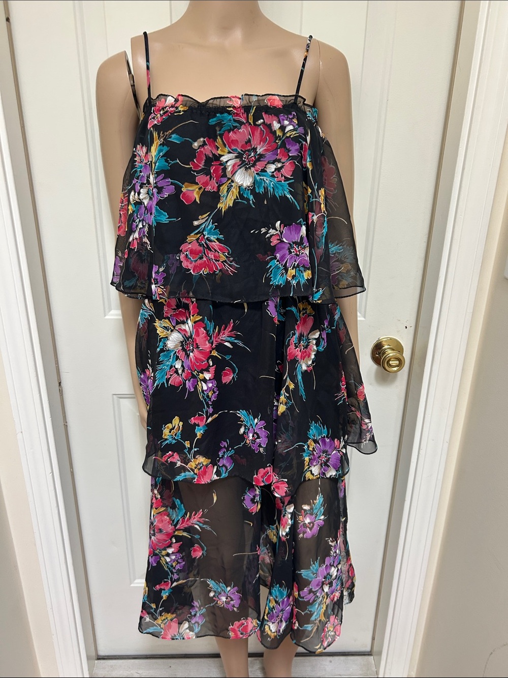 Vintage 70s Black Floral Tiered Midi Dress with Spaghetti Straps Date Night
